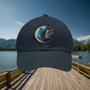 Navy dad hat with Earth globe patch on front panel.
