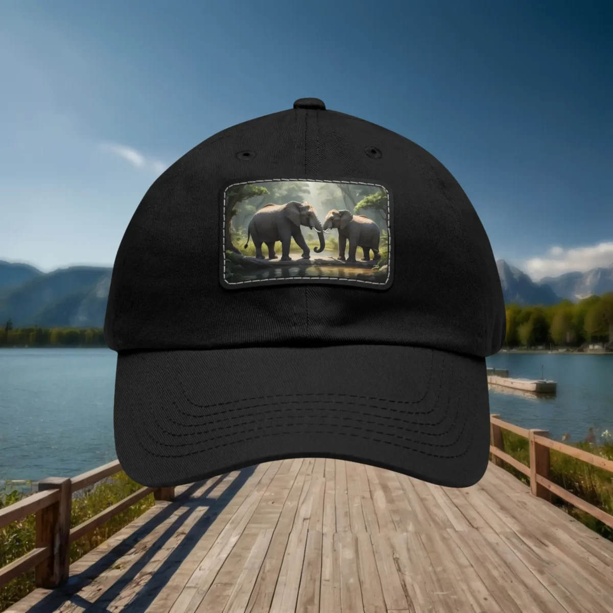Close-up of black dad hat with elephants patch, outdoor lakeside background