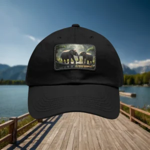 Close-up of black dad hat with elephants patch, outdoor lakeside background