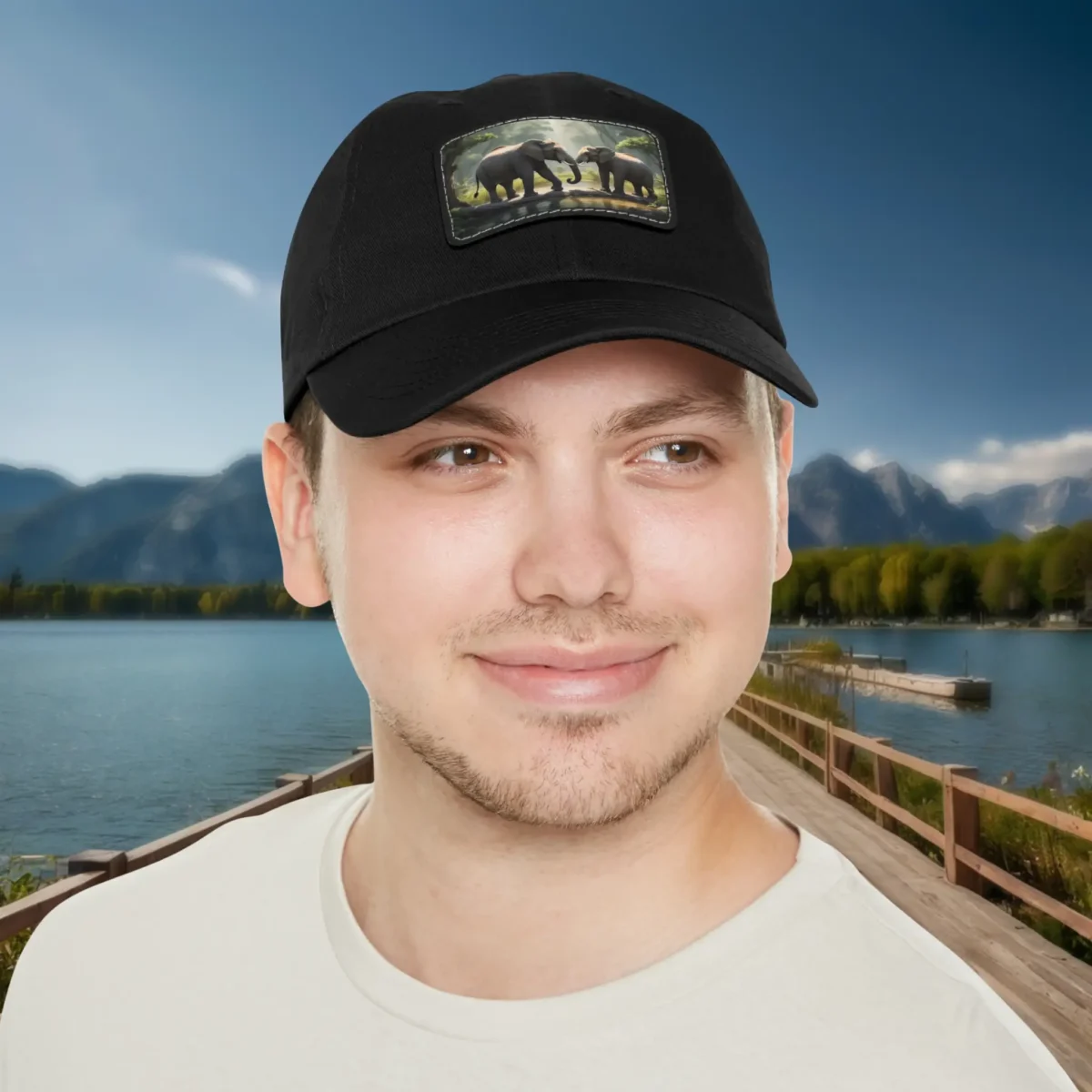 Man wearing a black dad hat with elephants patch, outdoor lakeside background