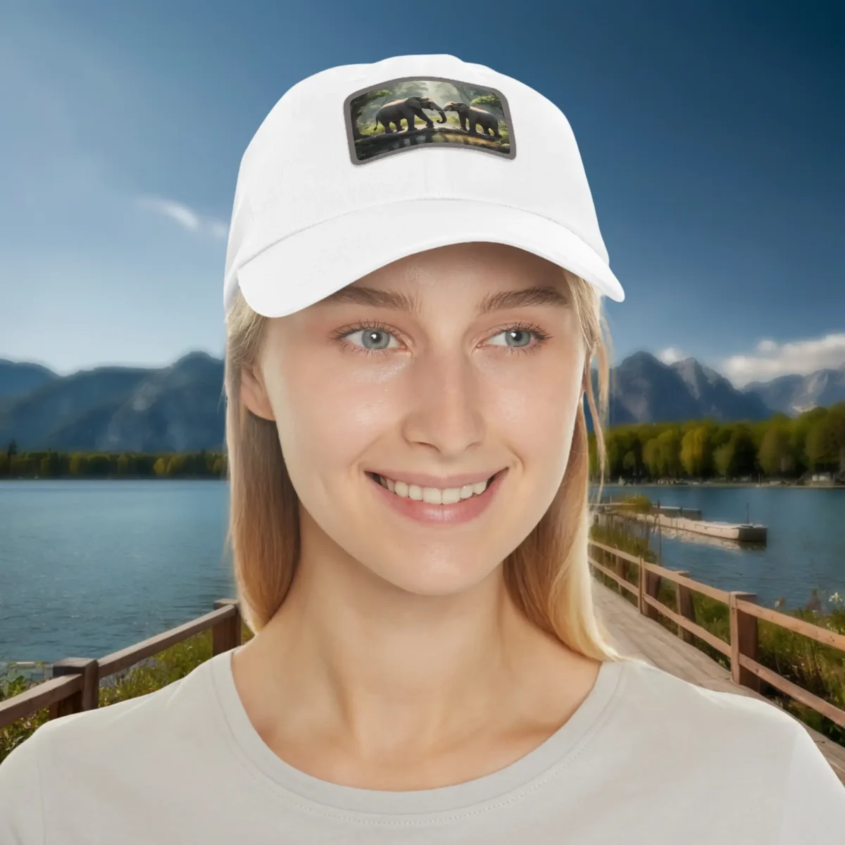 Woman wearing a white dad hat with elephants patch, outdoor lakeside background