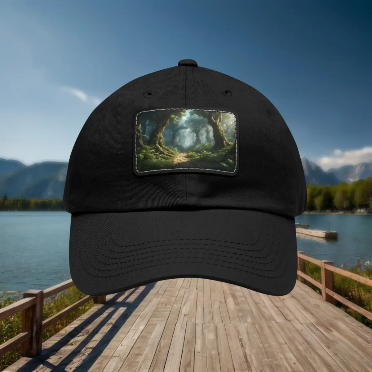 Close-up of black dad hat with enchanted forest patch, outdoor lakeside background