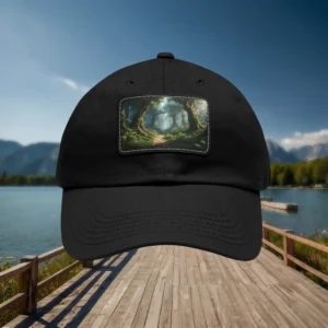 Close-up of black dad hat with enchanted forest patch, outdoor lakeside background