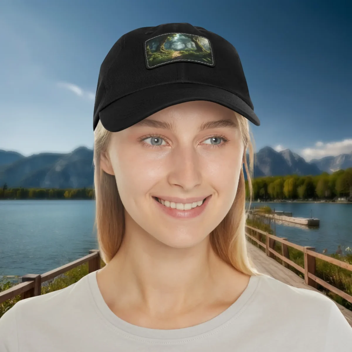 Woman wearing a black dad hat with enchanted forest patch, outdoor lakeside background