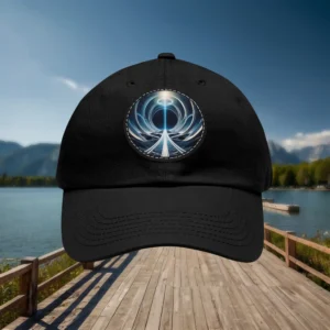 Black dad hat with futuristic energy beam patch on front panel.