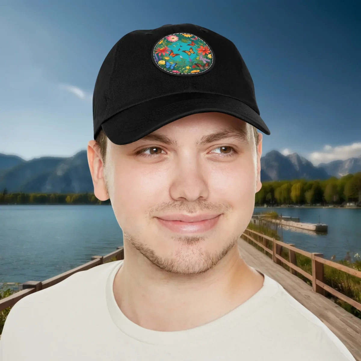 Man wearing black dad hat with floral garden patch design.