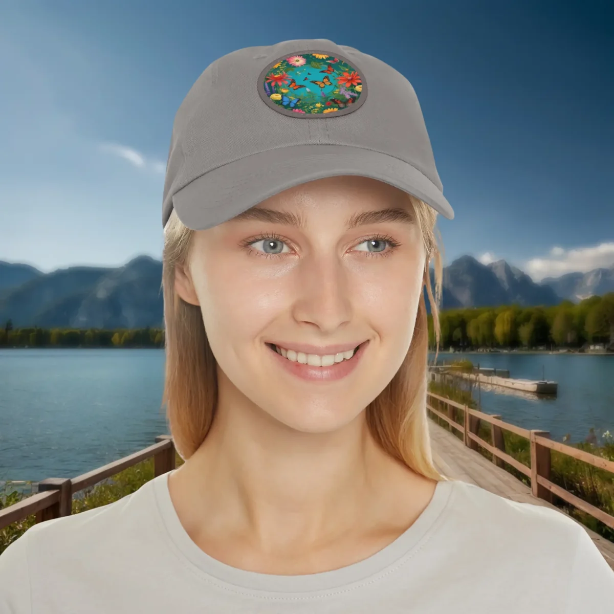 Woman wearing grey dad hat with floral garden patch design.
