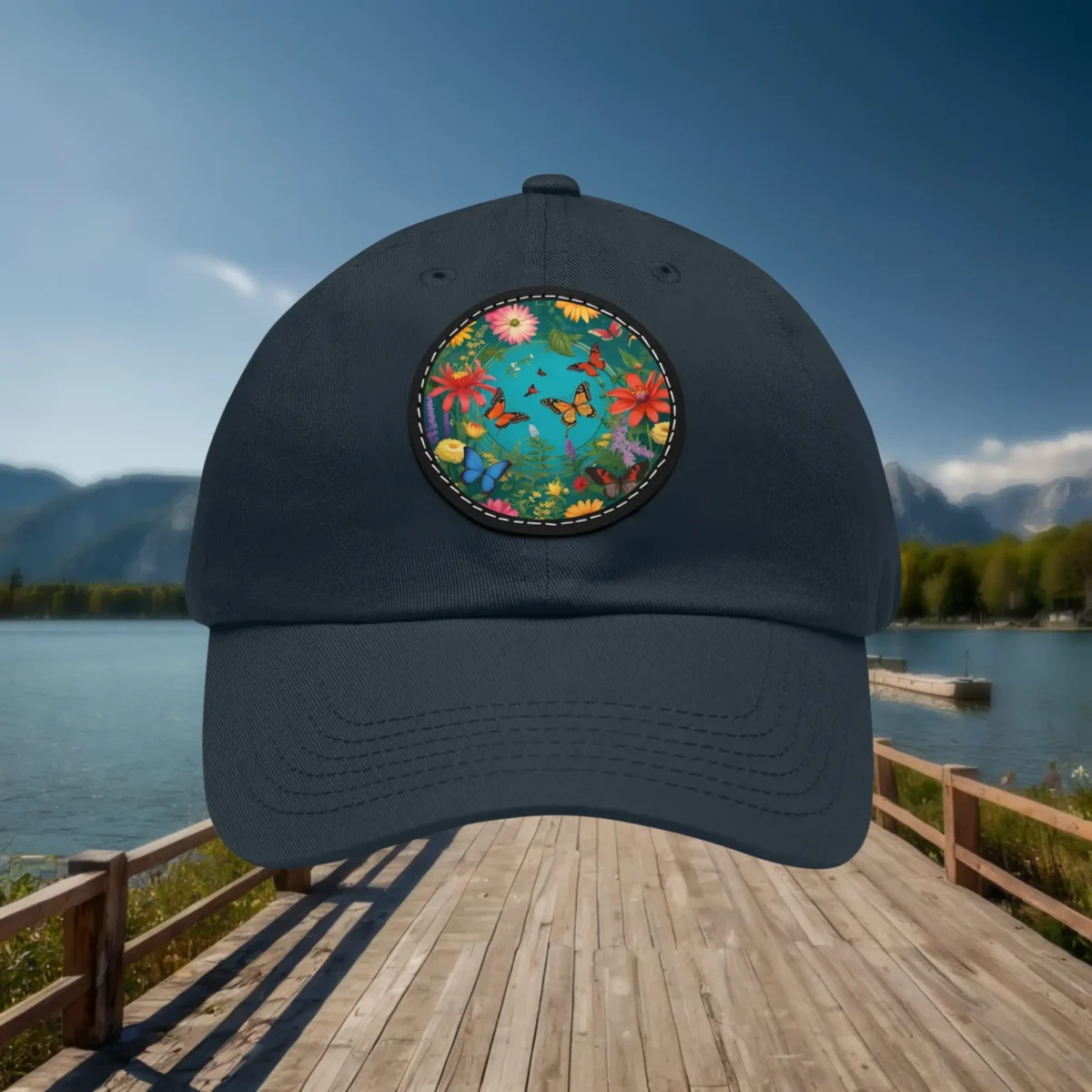 Navy dad hat with vibrant floral garden patch featuring butterflies and flowers.