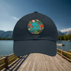 Navy dad hat with vibrant floral garden patch featuring butterflies and flowers.