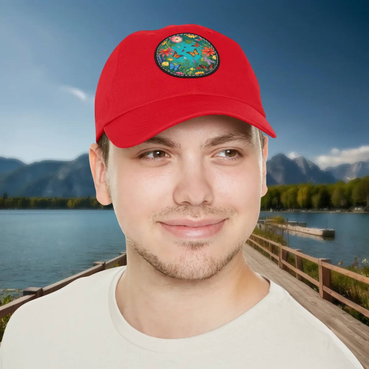 Man wearing red dad hat with floral garden patch design.