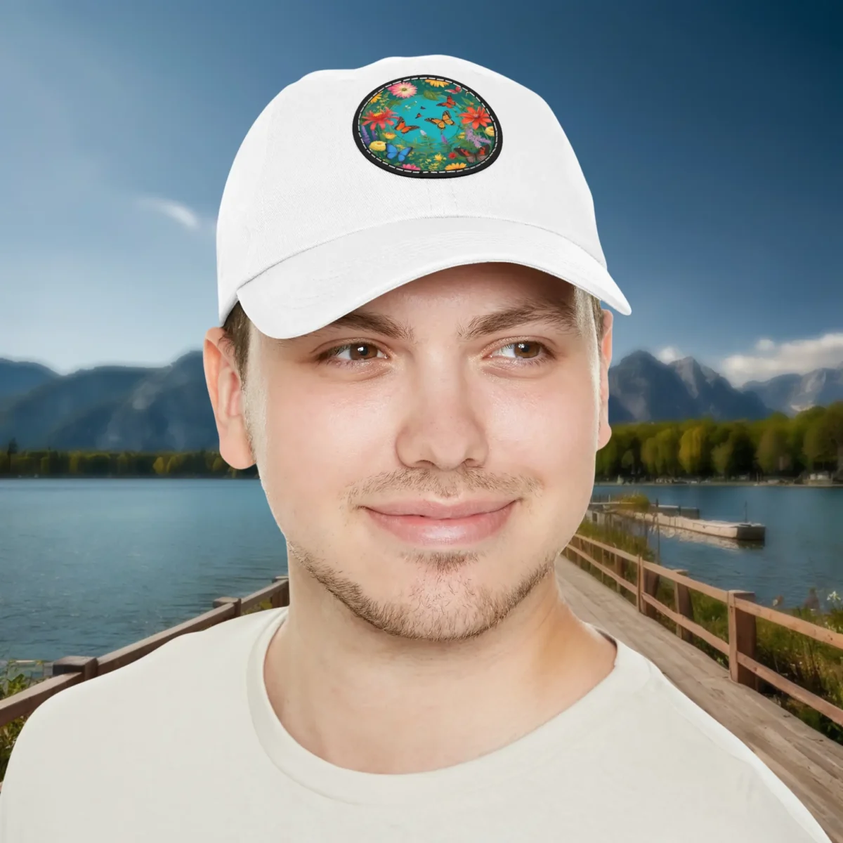 Man wearing white dad hat with floral garden patch design.