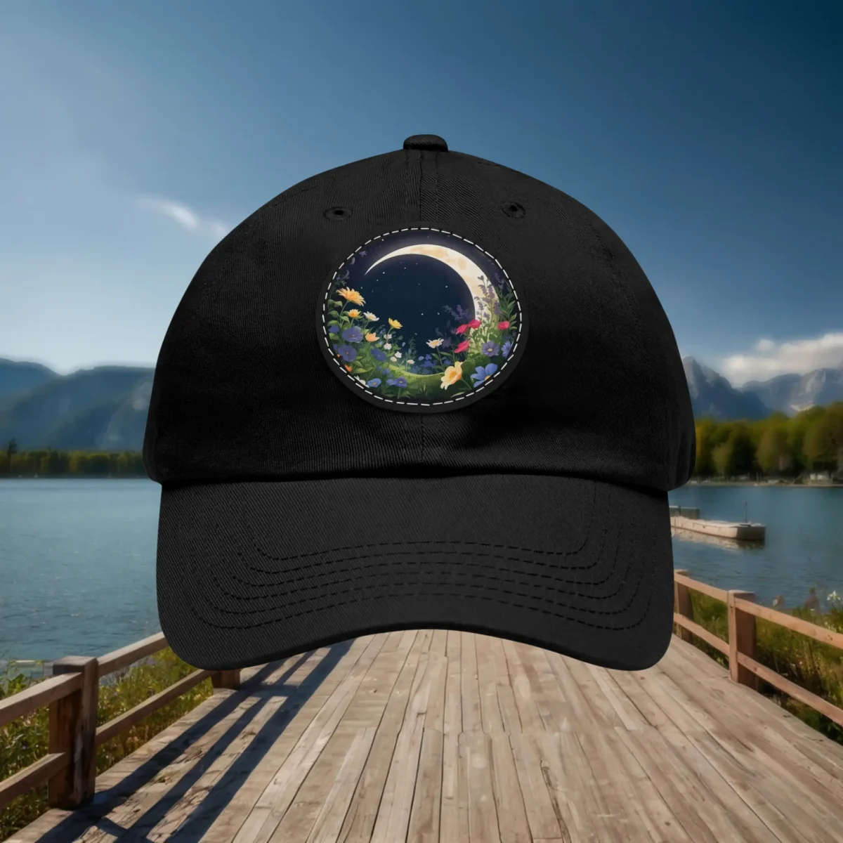 Black dad hat with crescent moon and floral night patch design.