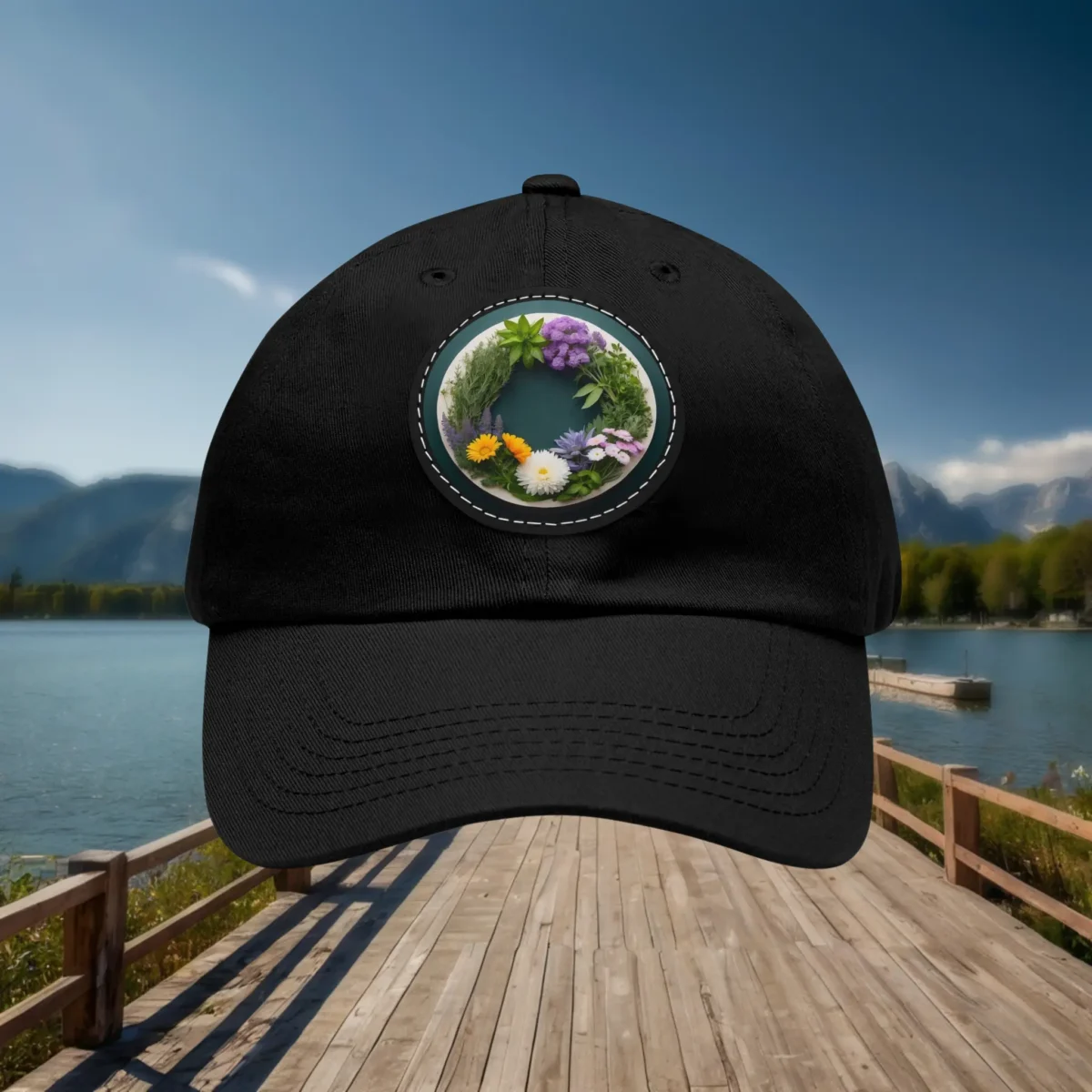 Black dad hat with floral wreath patch design.