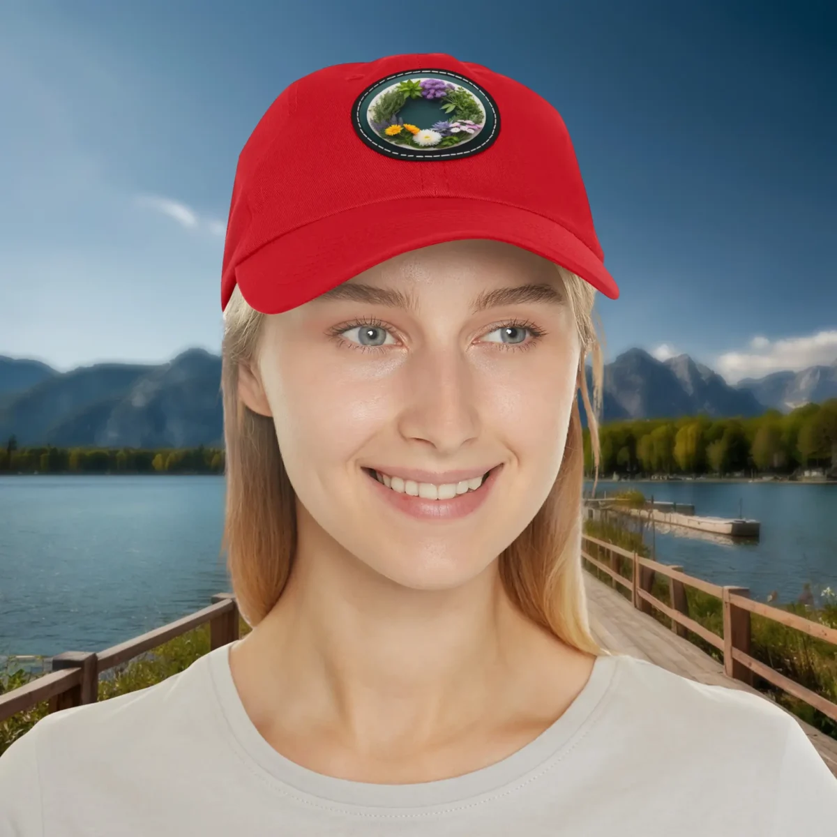 Woman wearing red dad hat with floral wreath patch design.