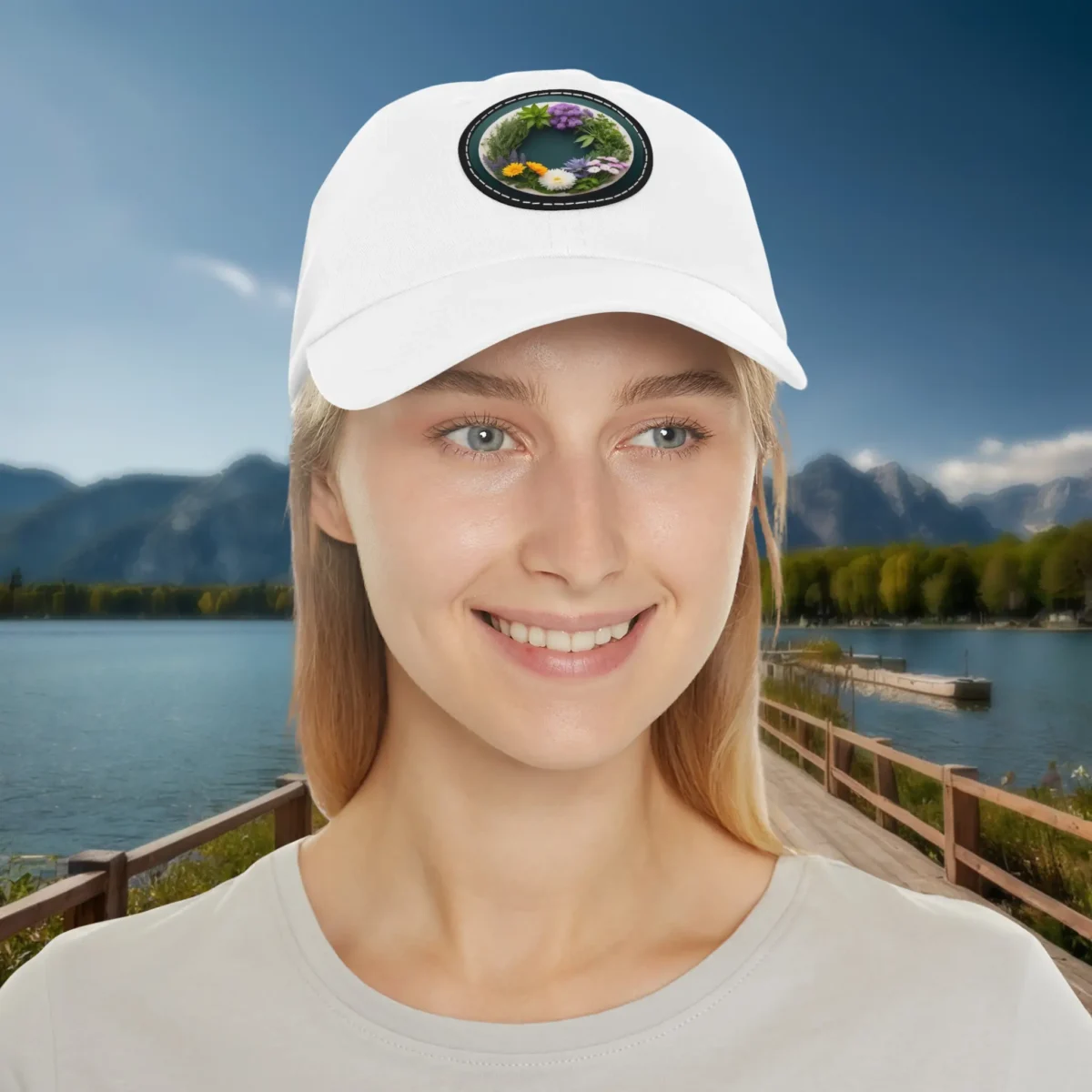 Woman wearing white dad hat with floral wreath patch design.