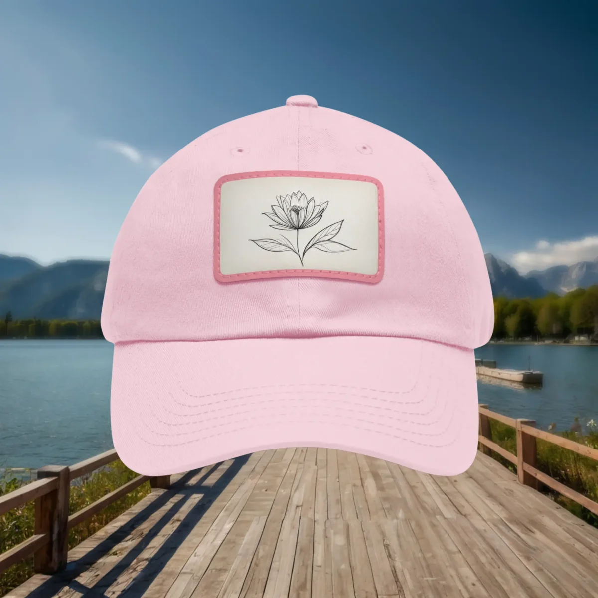 Close-up of pink dad hat with minimalist flower patch, outdoor lakeside background