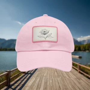 Close-up of pink dad hat with minimalist flower patch, outdoor lakeside background