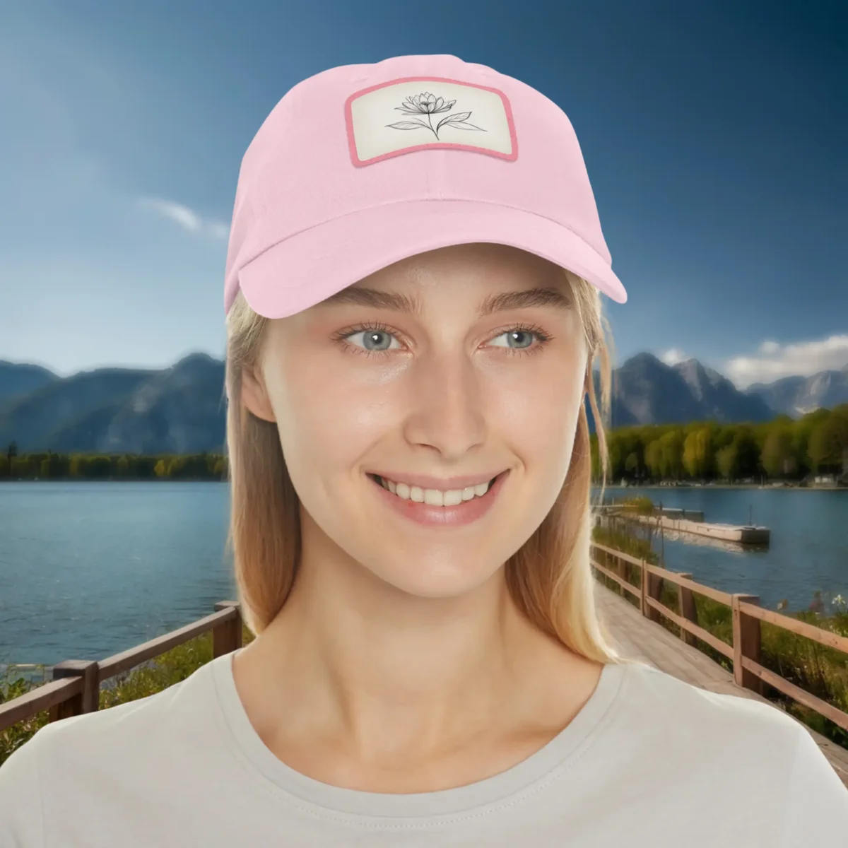 Woman wearing a pink dad hat with minimalist flower patch, outdoor lakeside background