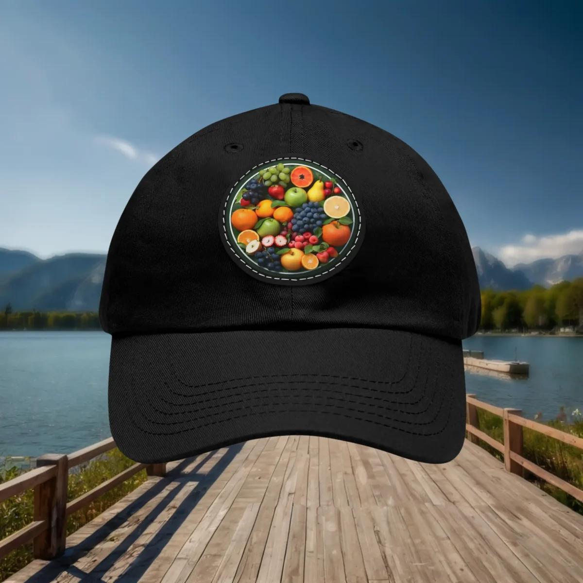 Black dad hat with circular patch featuring assorted fruits.