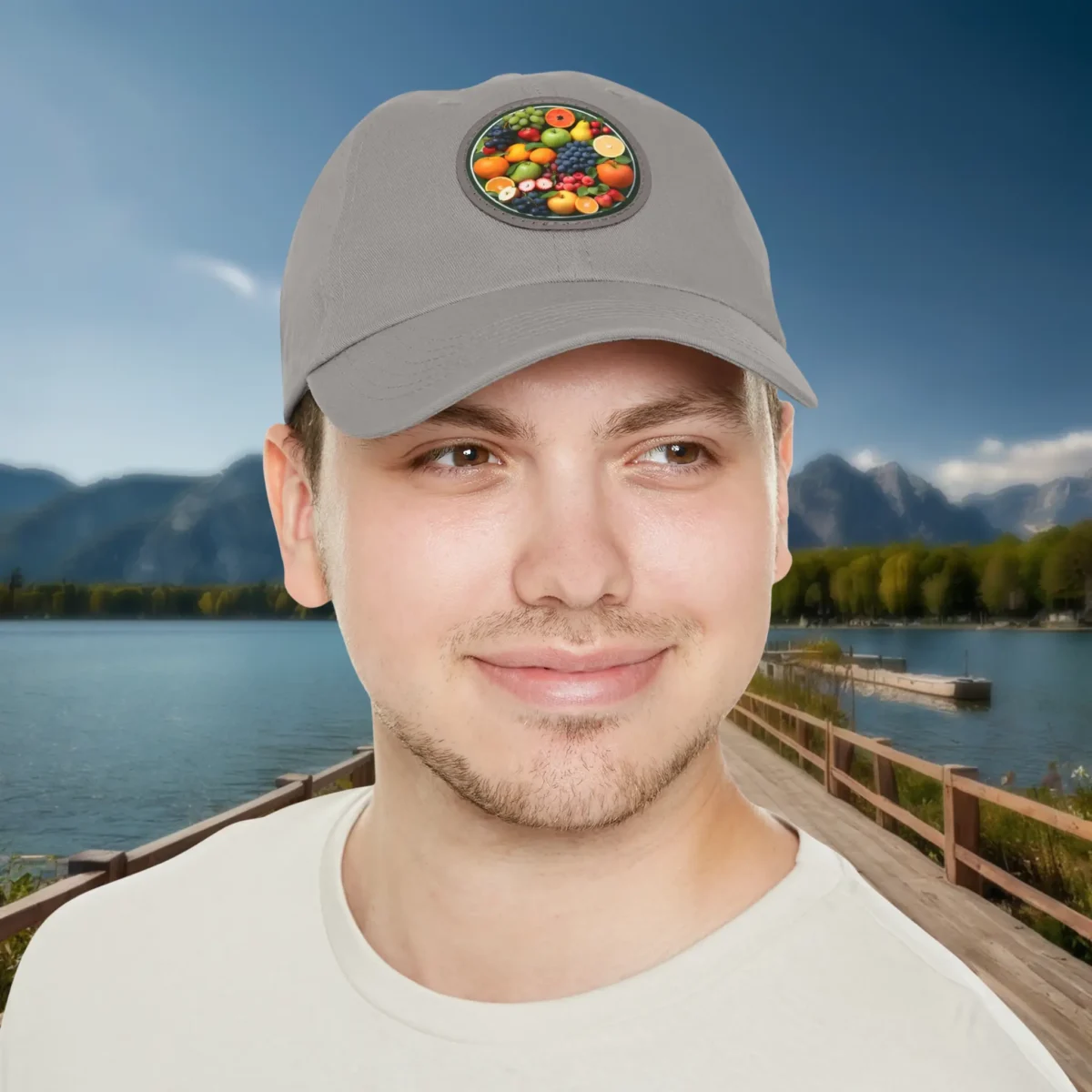 Man wearing grey dad hat with circular fruit patch.