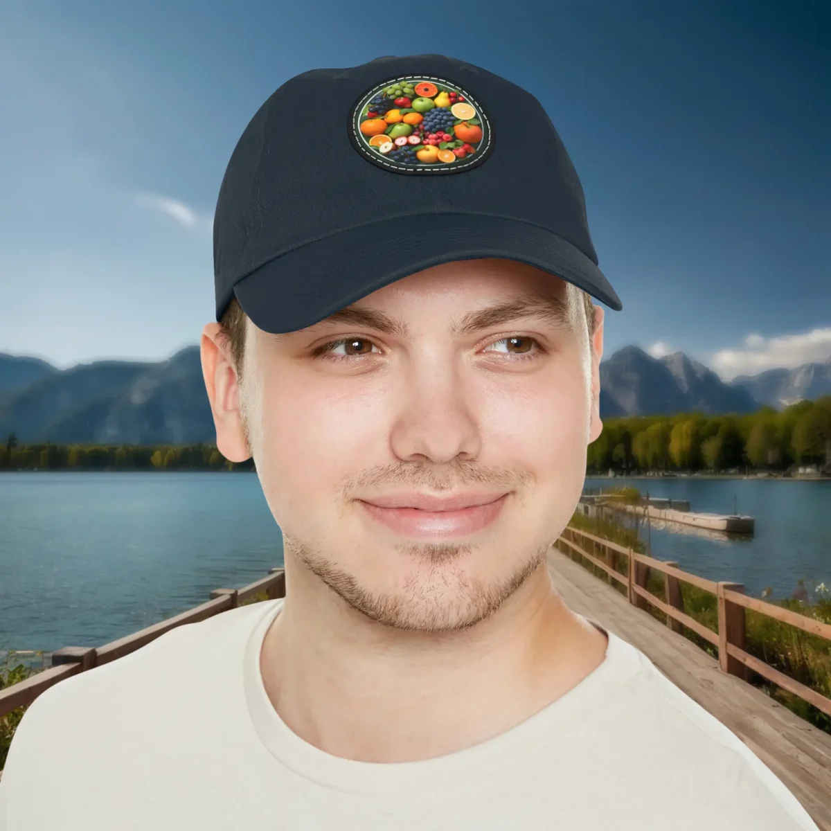 Man wearing navy dad hat with circular fruit patch.