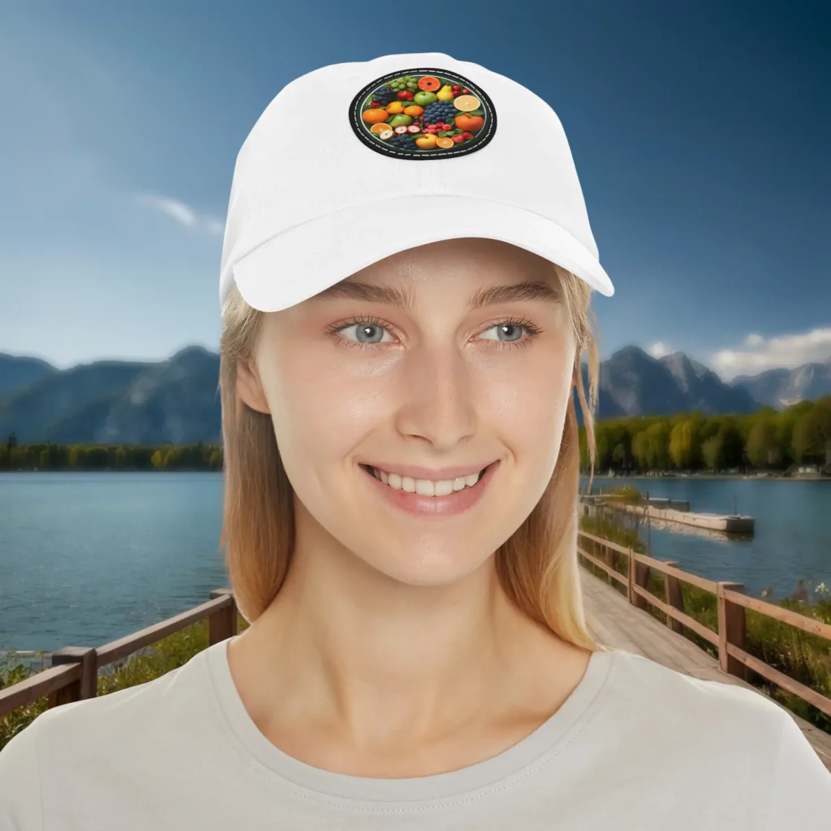Woman wearing white dad hat with circular fruit patch.