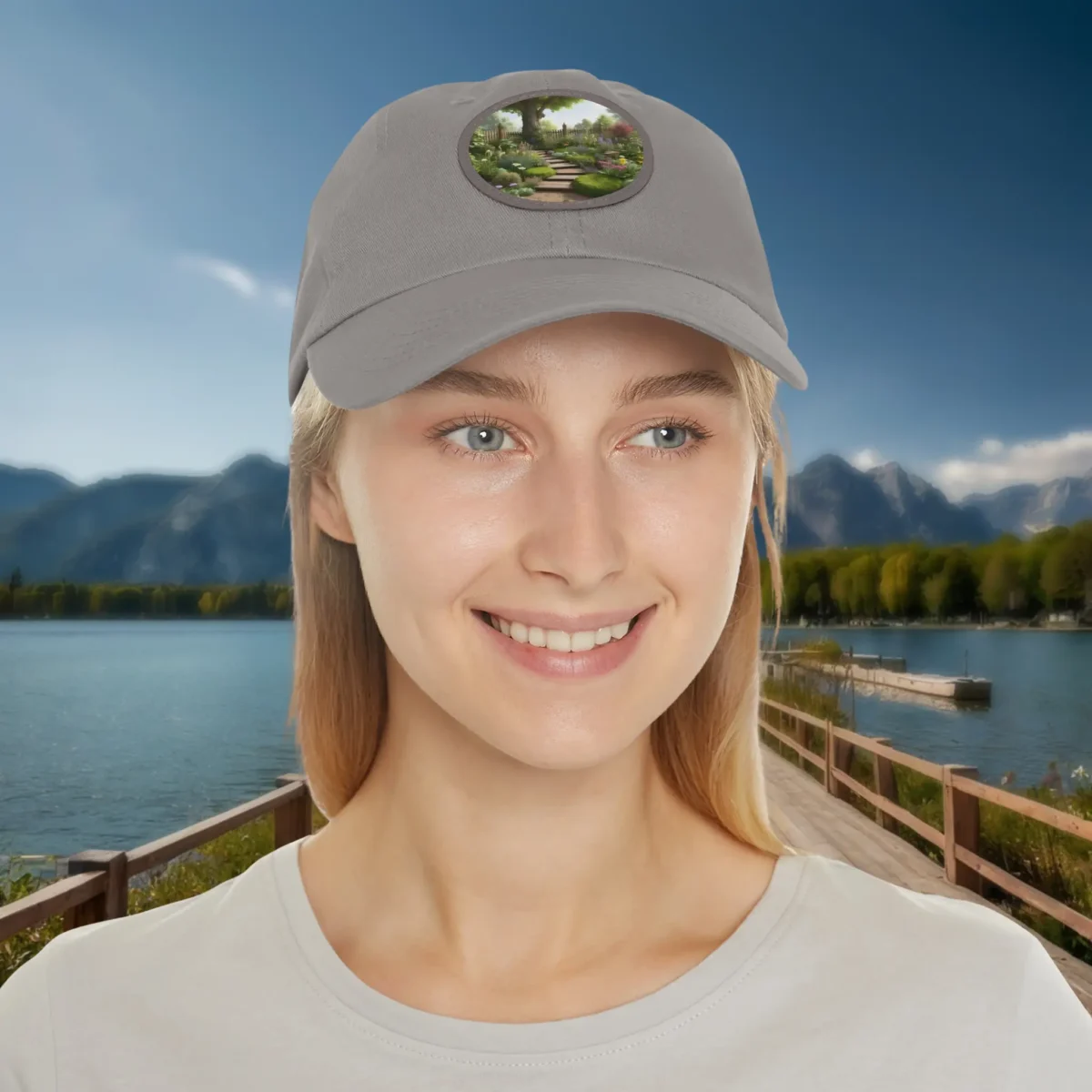 Woman wearing grey dad hat with scenic garden pathway patch.