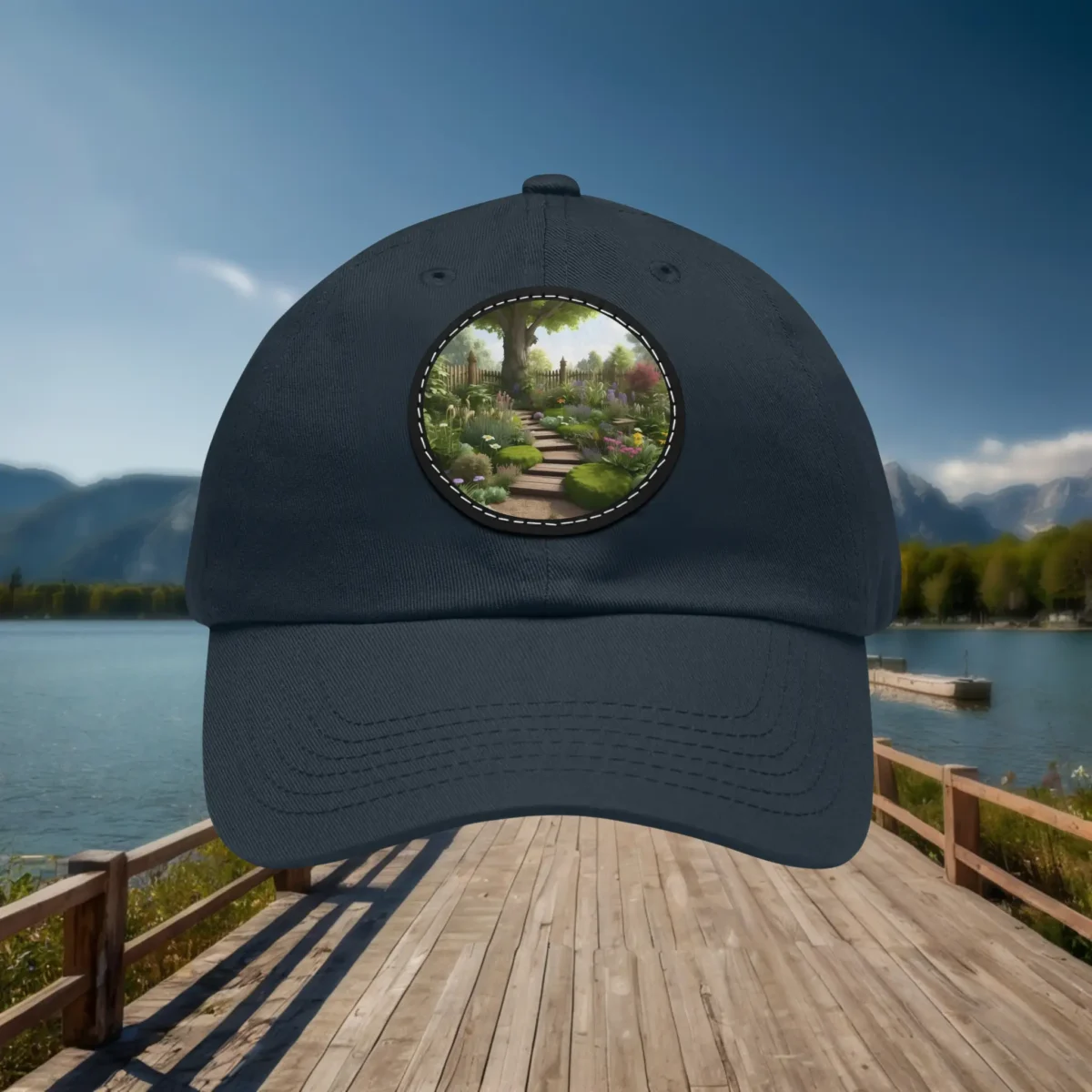 Navy dad hat with circular garden pathway patch.