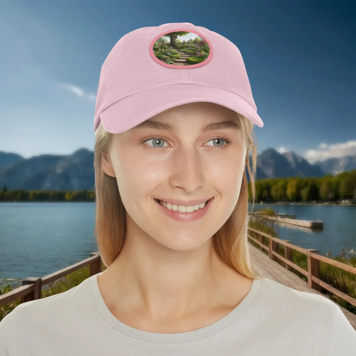 Woman wearing pink dad hat with scenic garden pathway patch.