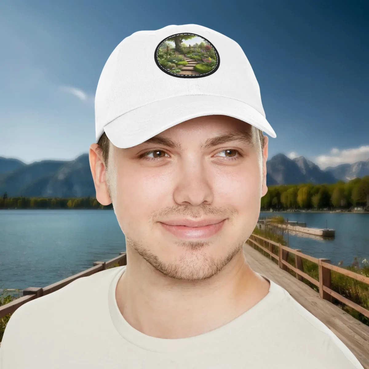 Man wearing white dad hat with scenic garden pathway patch.