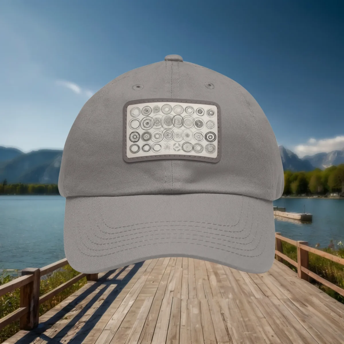 Close-up of grey dad hat with geometric circles pattern patch, outdoor lakeside background