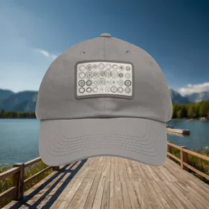 Close-up of grey dad hat with geometric circles pattern patch, outdoor lakeside background