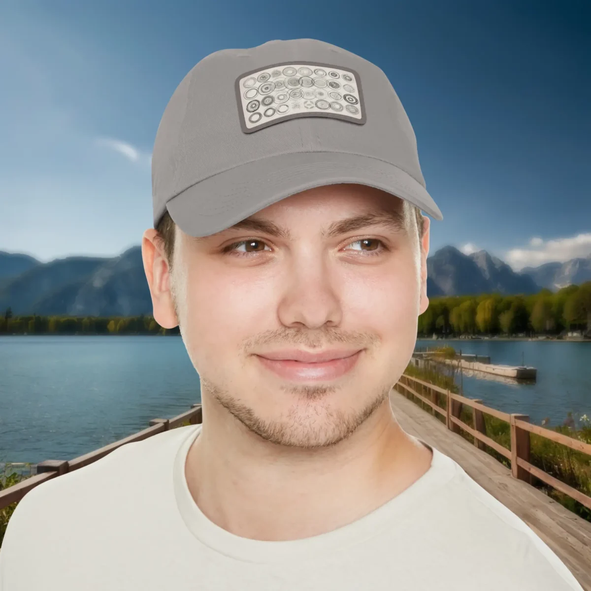 Man wearing a grey dad hat with geometric circles pattern patch, outdoor lakeside background