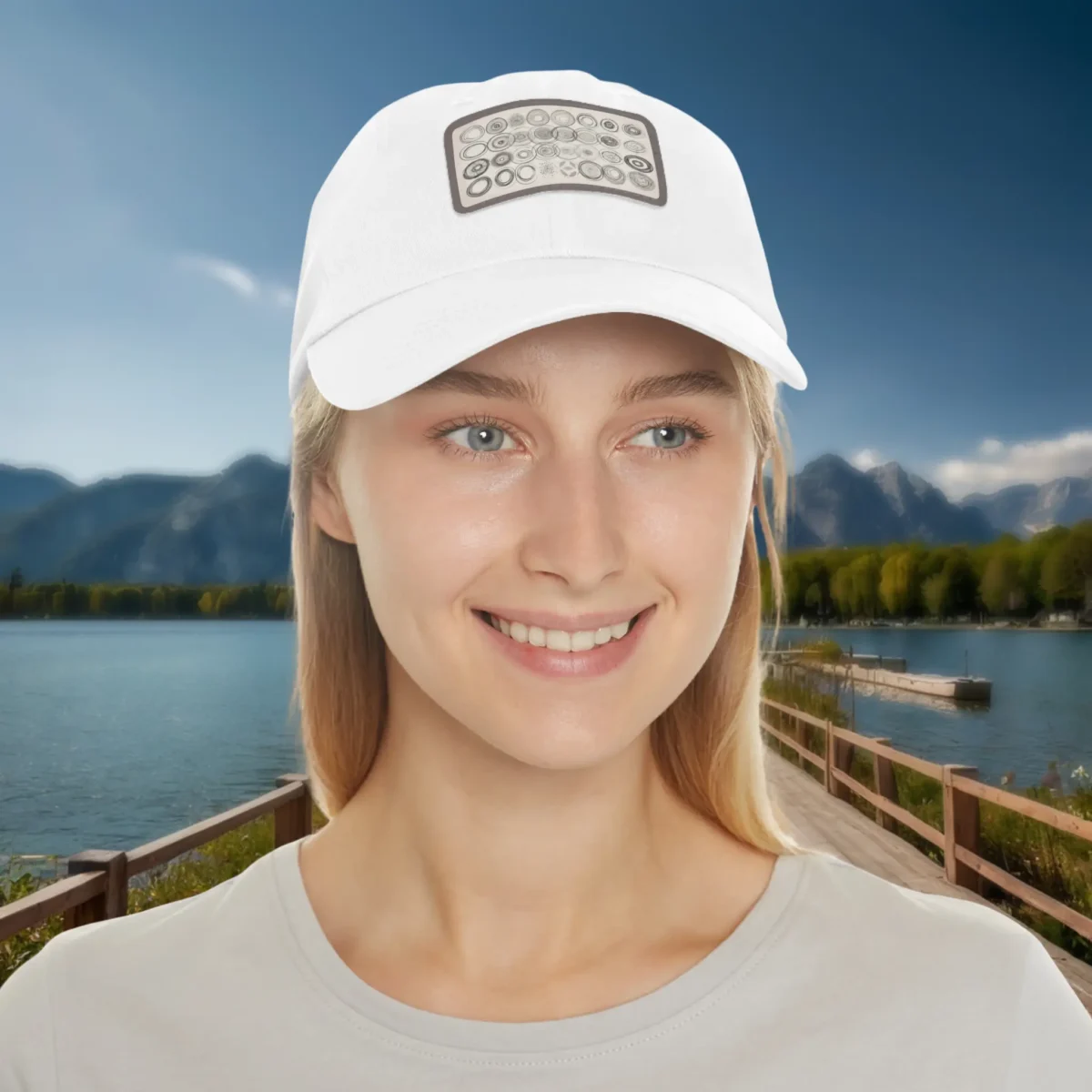 Woman wearing a white dad hat with geometric circles pattern patch, outdoor lakeside background