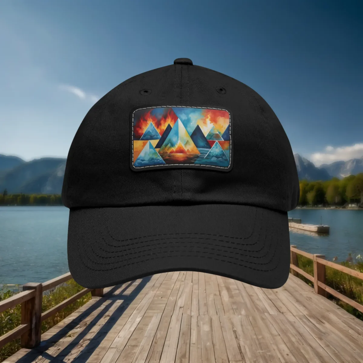 Close-up of black dad hat with colorful geometric mountain patch, outdoor lakeside background