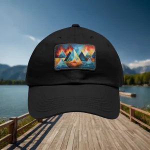 Close-up of black dad hat with colorful geometric mountain patch, outdoor lakeside background