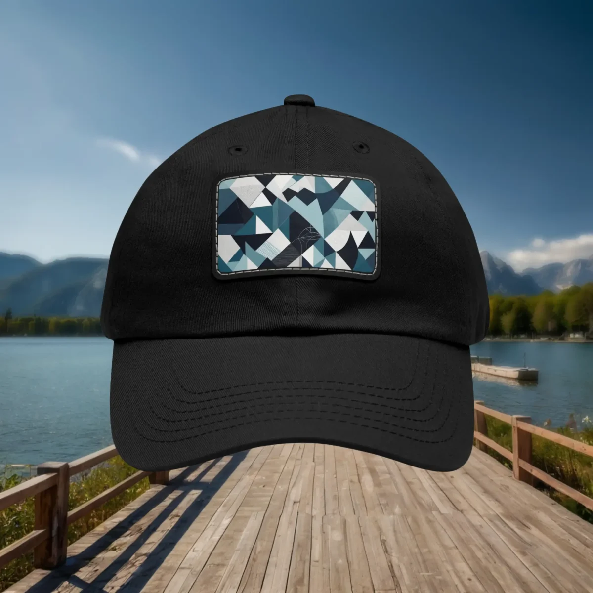 Close-up of black dad hat with blue and white geometric pattern patch, outdoor lakeside background