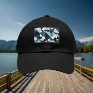 Close-up of black dad hat with blue and white geometric pattern patch, outdoor lakeside background