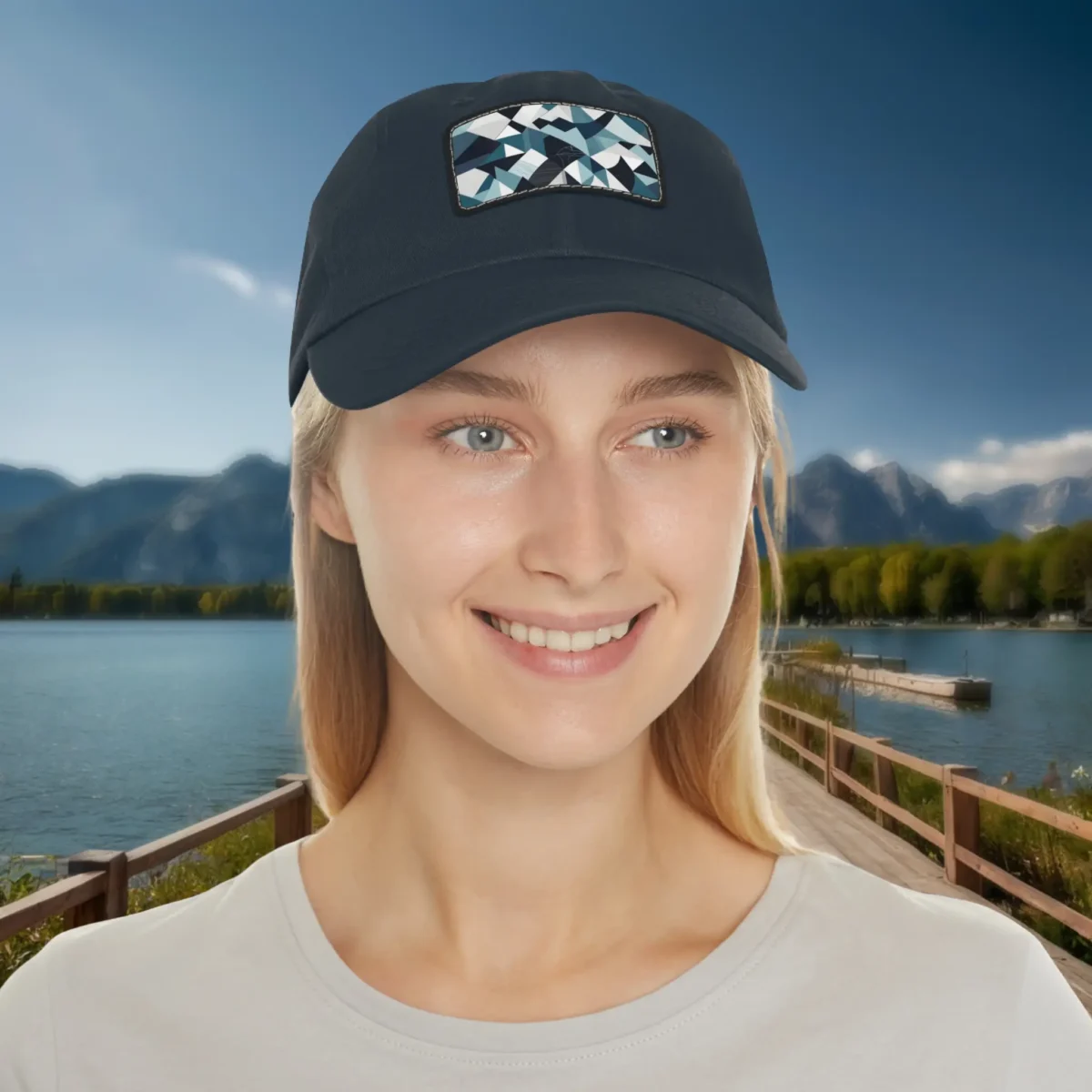 Woman wearing a navy dad hat with blue and white geometric pattern patch, outdoor lakeside background