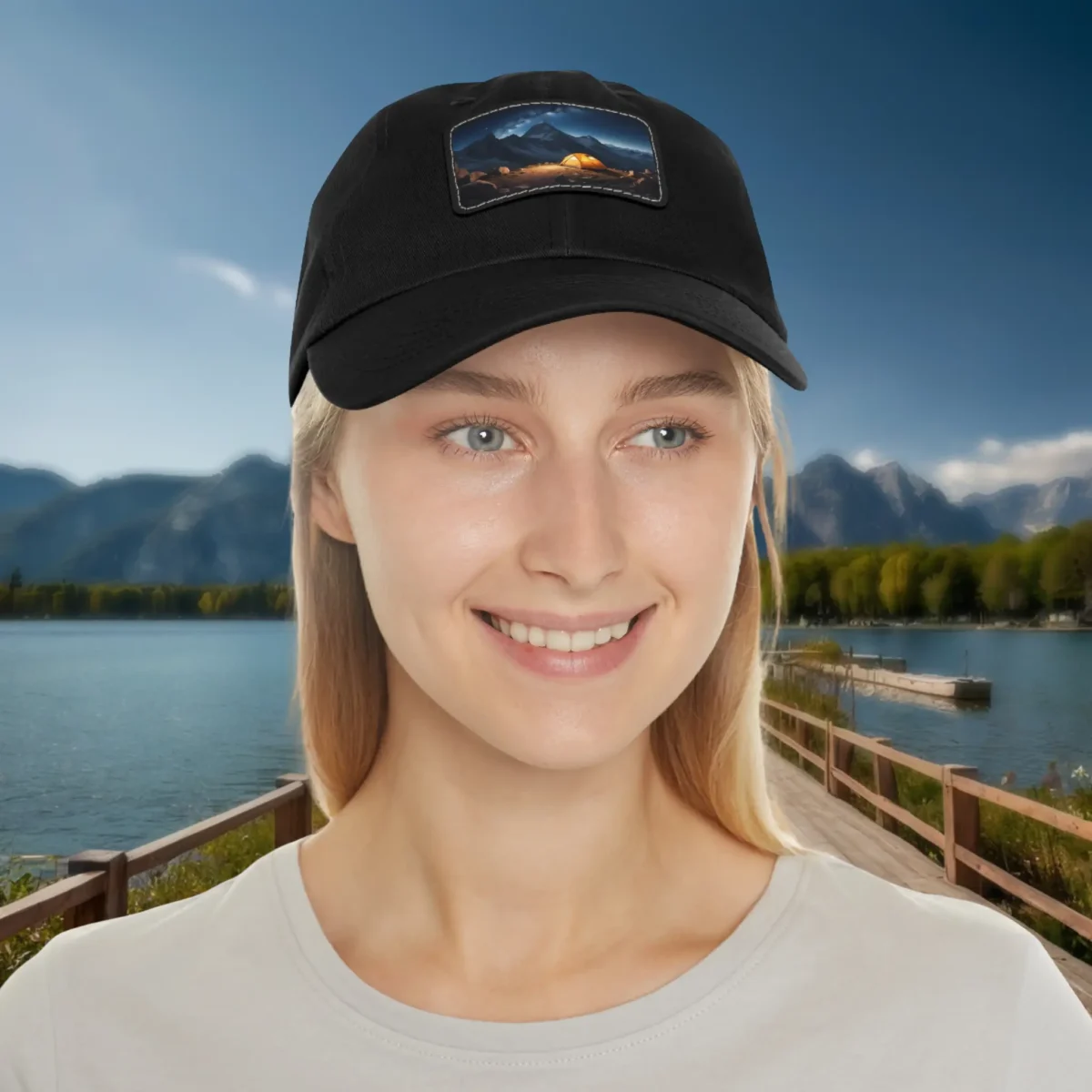 Woman wearing a black dad hat with glowing campsite patch, outdoor lakeside background