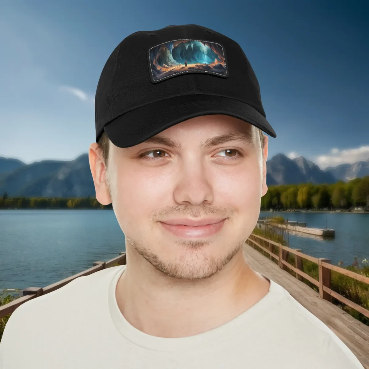 Man wearing a black dad hat with a glowing cave patch design by the lakeside