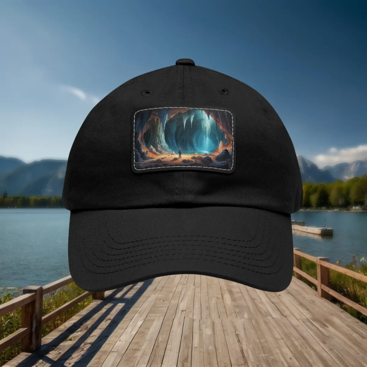 Black dad hat featuring a glowing cave artwork patch displayed on a wooden pier background