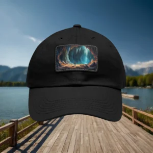 Black dad hat featuring a glowing cave artwork patch displayed on a wooden pier background