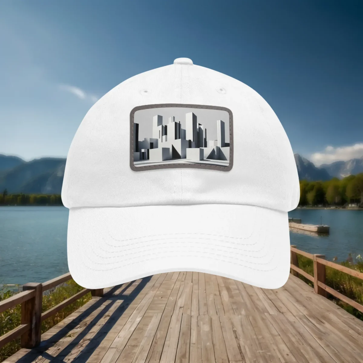 White dad hat with grayscale cityscape artwork patch displayed on a wooden pier background