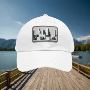 White dad hat with grayscale cityscape artwork patch displayed on a wooden pier background