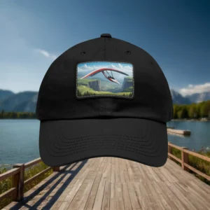 Black dad hat featuring a hang glider artwork patch displayed on a wooden pier background