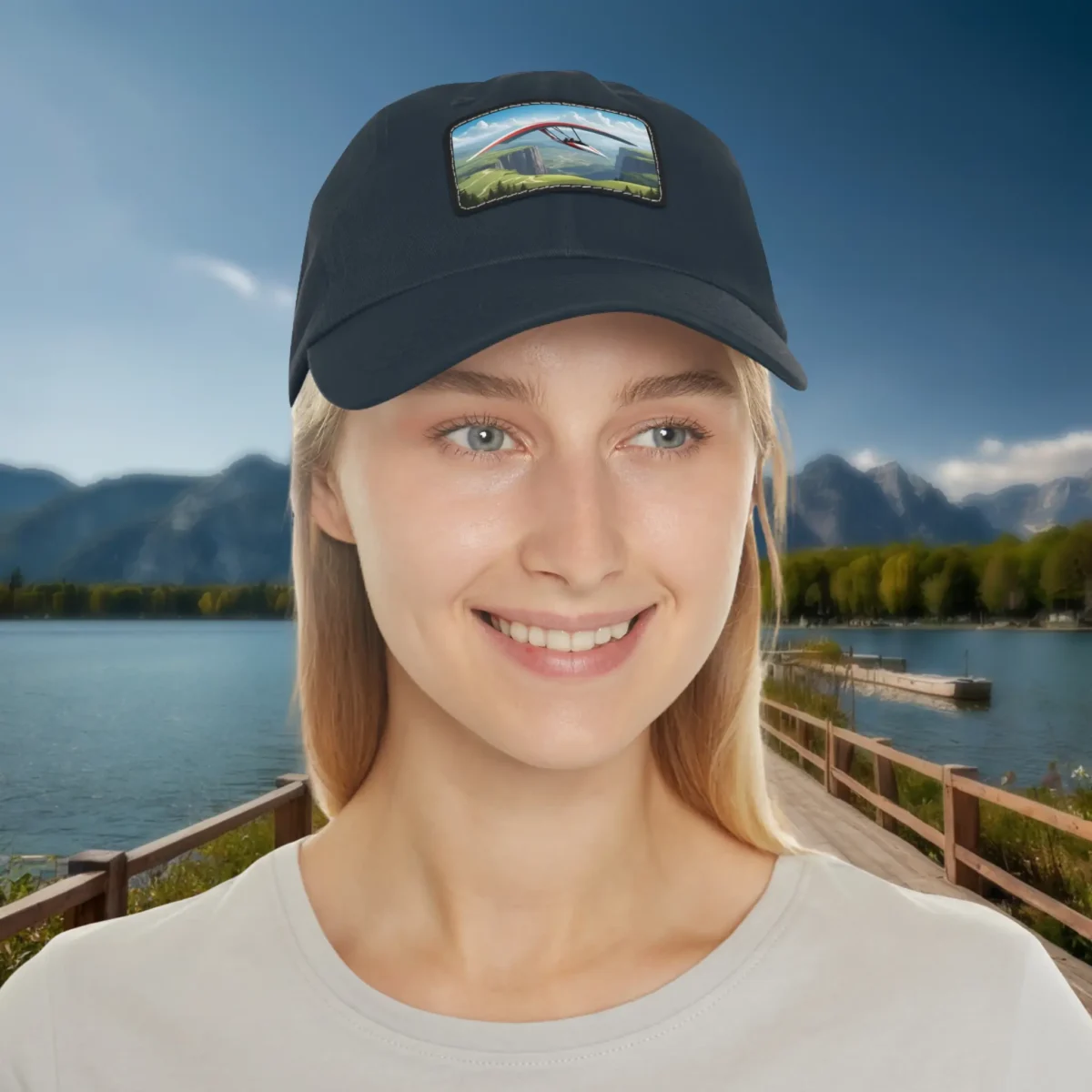 Woman wearing a navy dad hat with hang glider artwork by the lake