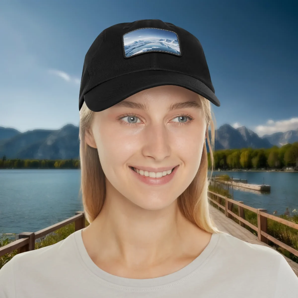 Woman wearing a black dad hat with icy landscape patch design