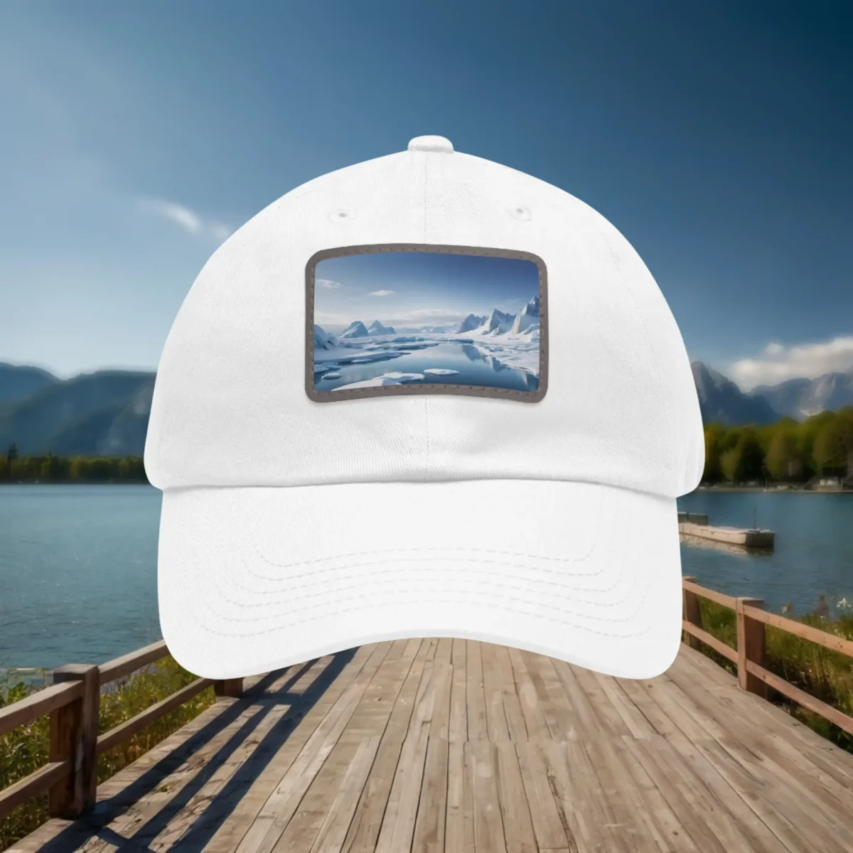 White dad hat with icy landscape artwork patch on a plain background