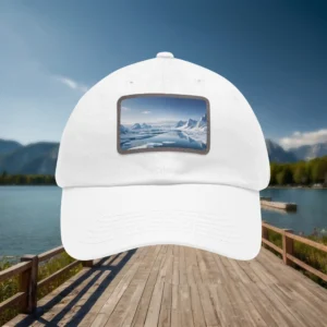 White dad hat with icy landscape artwork patch on a plain background